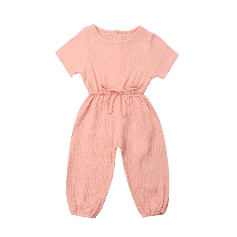Mubineo Toddler Baby Girl Summer Fall Basic Plain Short Sleeve Cotton Linen Drawstring Romper Jumpsuit (Peach Pink, 4-5T) - Image 1